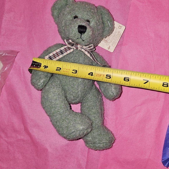 VINTAGE RUSS BERRIE " FRIZZLIN"  BLUE/GREEN BEAR WITH GINGHAM BOW PLUSH ANIMAL - Picture 6 of 9